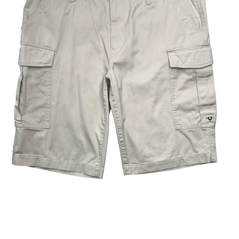 True Religion Cargo Shorts Men's Size 36 Cream Casual‎ Classic Summer Cotton